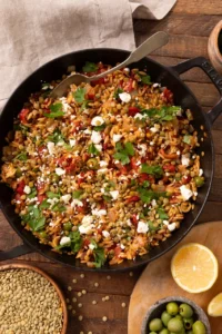 Mediterranean Lentil Orzo with Olives, Roasted Peppers & Sun-Dried Tomatoes