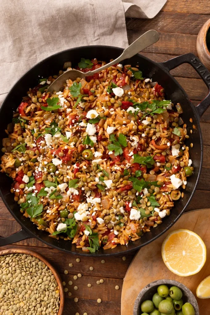 Mediterranean Lentil Orzo with Olives, Roasted Peppers & Sun-Dried Tomatoes
