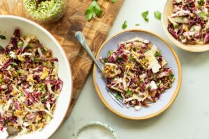 Parmesan Split Peas with Crispy Breadcrumbs Radicchio Salad