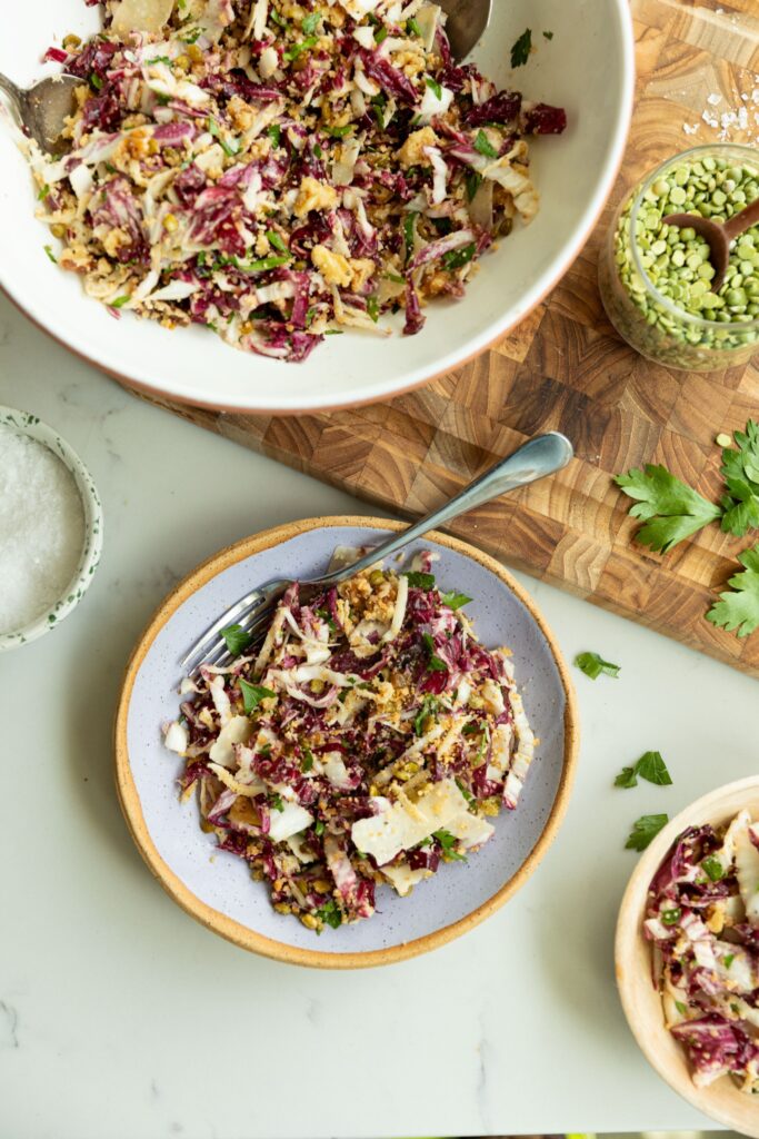Parmesan Split Peas with Crispy Breadcrumbs Radicchio Salad